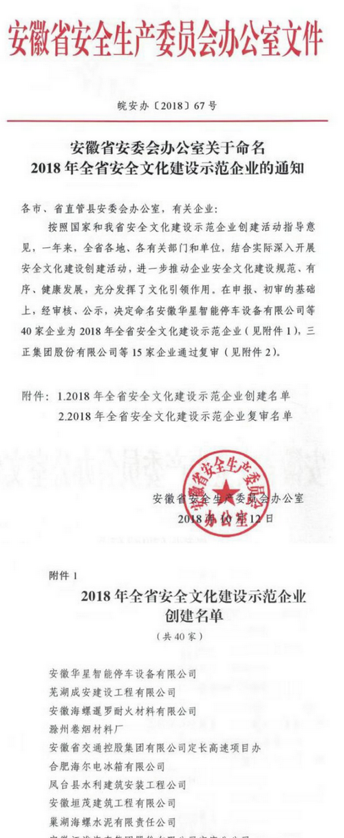 凤台县水利建筑安装工程公司荣获2018年全省安全文明建设示范企业